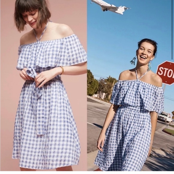 11 1 Tylho Anthropologie  Blue White Plaid Off the Shoulder Dress Size L - Picture 1 of 11